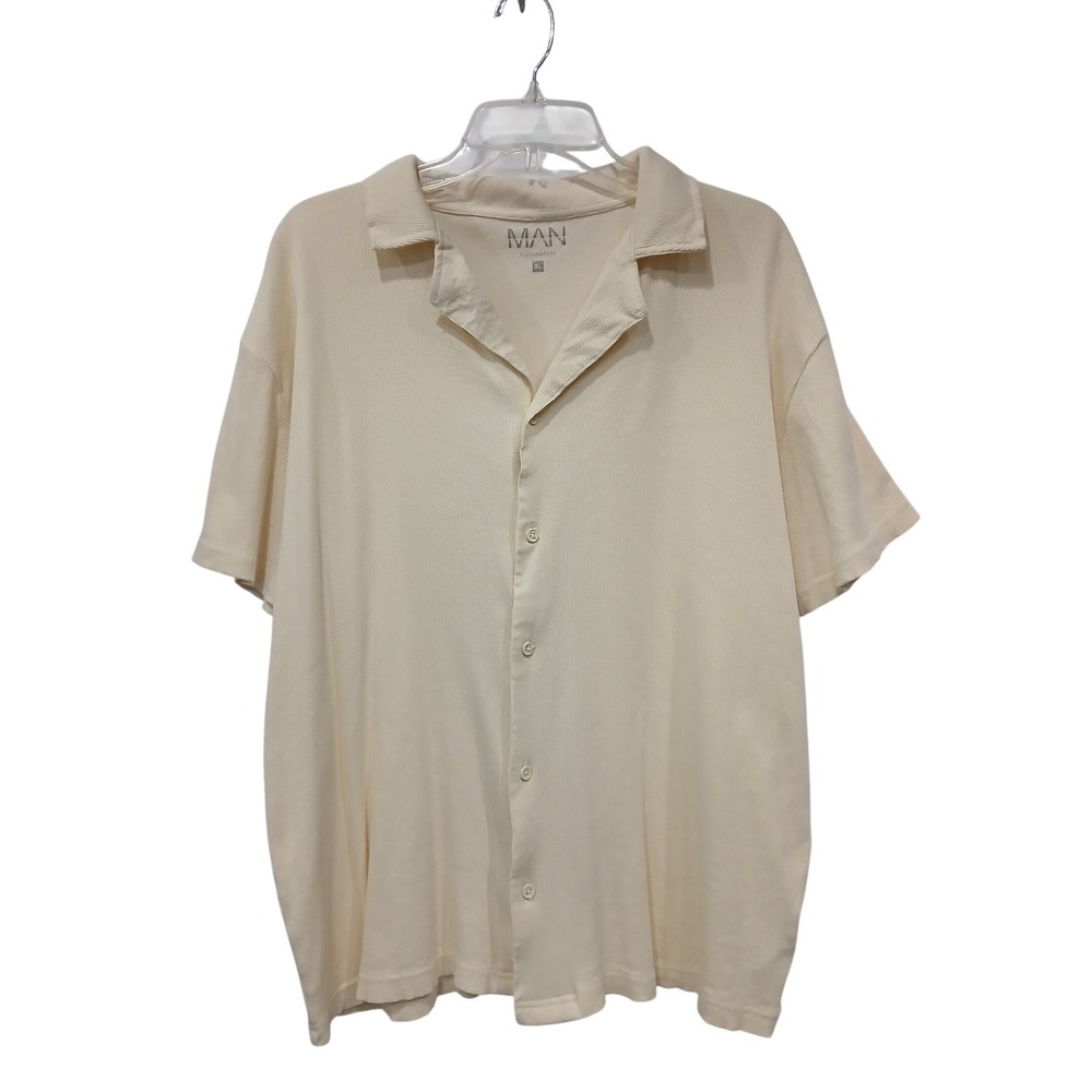 BoohooMAN Mens XL Cream Ribbed Cotton Short Sleeve Button Down Camp Collar Shirt